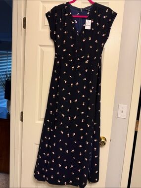 J. Crew Factory Navy Midi Dress with Pink Floral Print